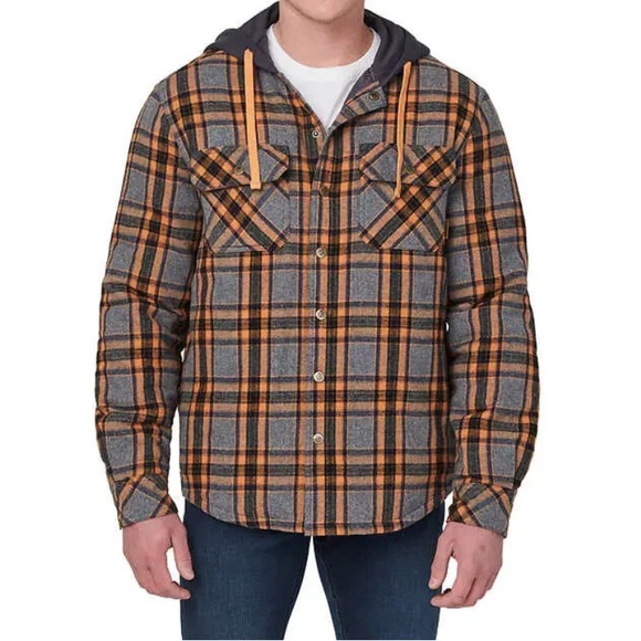 Legendary Outfitters Flannel Hooded Shirt Jacket grey orange Fall plaid Shacket - Picture 4 of 14
